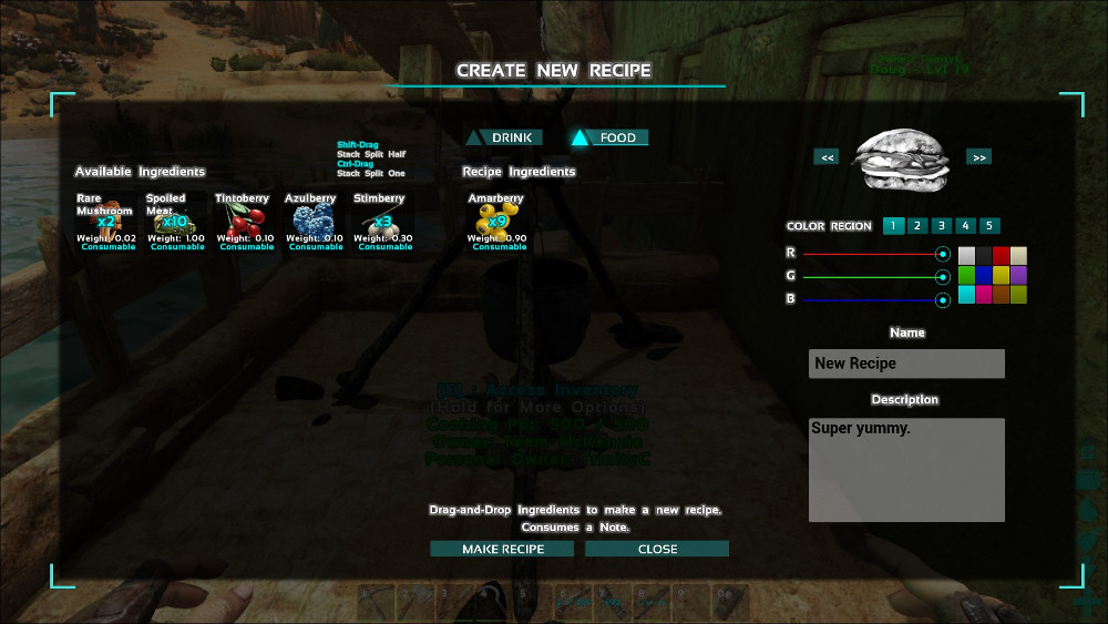 The third step to creating a custom recipe in Ark is to fill out the recipe Name and Description. You can also adjust ingredients at this stage and choose if it is a food or a drink.