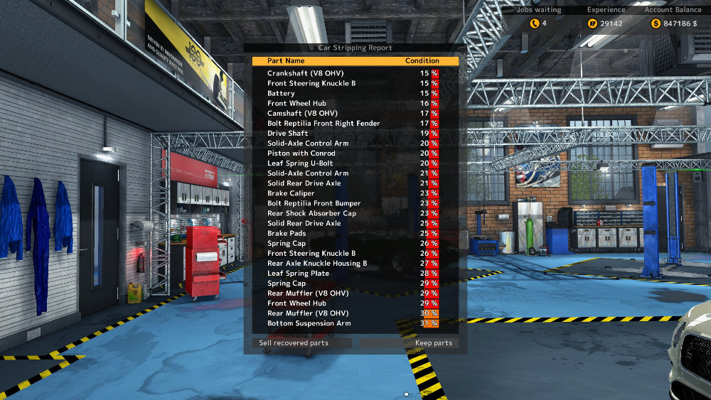 After returning from stripping down a car in Car Mechanic Simulator 2015 you'll have the choice to keep the recovered parts or to sell them for cash.