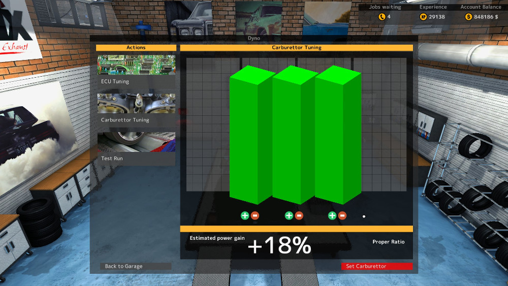 Once you reach 18% Perfect Ratio on the Carburetor Tuning you can click Set Carburetor. This will save the settings. If you want you can then click Test Run. Otherwise just click Back To Garage.