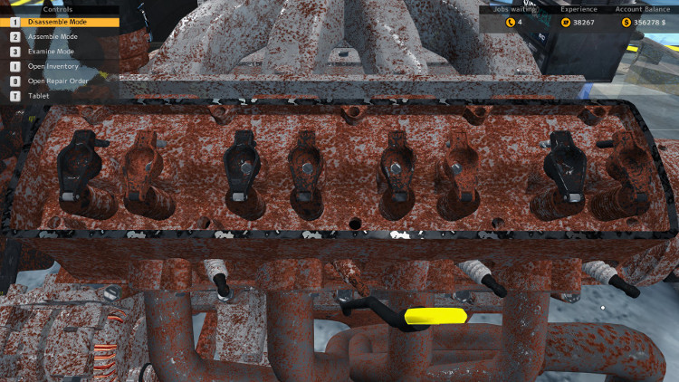 In this image we can see an engine with a badly damaged head, push rods, and rocker arms in Car Mechanic Simulator 2015.