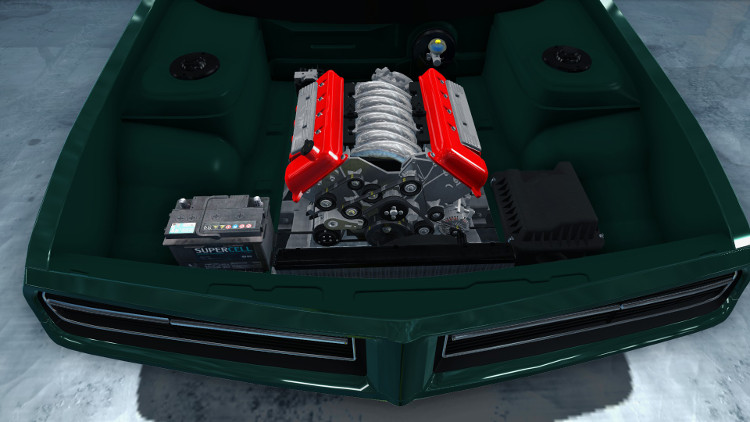 The belts and idle rollers are visible, along with the engine heads and head covers, in this frontal engine view from Car Mechanic Simulator 2015.