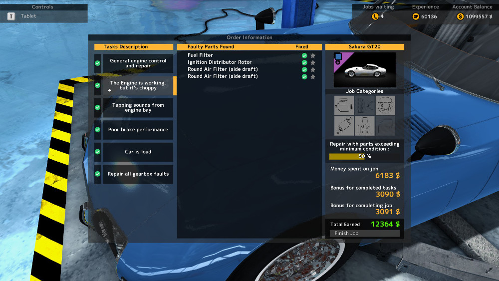 This is a sample repair order for a car with the problem described as Engine is Choppy but Working in Car Mechanic Simulator 2015.