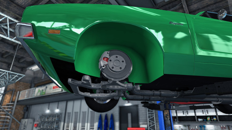 Front wheel disc brakes mounted on a car in Car Mechanic Simulator 2015, showing the pads, calliper, and ventillated disc.