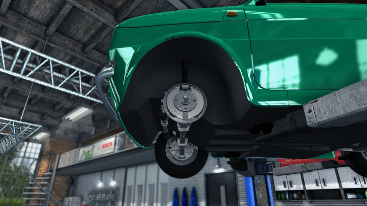 The front end drum brakes on a Maluch in Car Mechanic Simulator, showing the shoes and wheel cylinder.