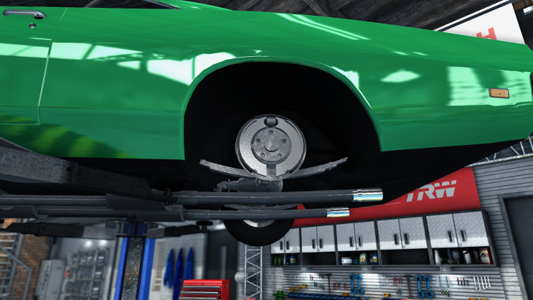Rear wheel drum brakes in Car Mechanic Simulator 2015, showing the brake shoes and wheel cylinder.