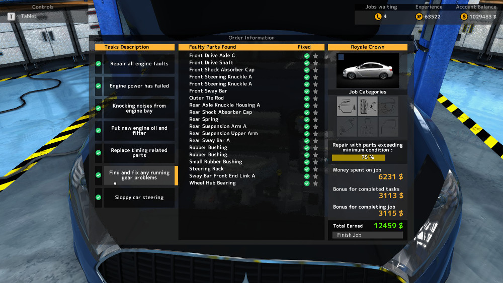 Here we can see that this repair order from Car Mechanic Simulator 2015 shows several running gear faults, including drive axles and suspension arms.