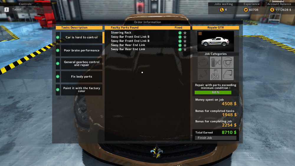 This repair order shows some of the possible repairs required in Car Mechanic Simulator 2015 when a car is said to have sloppy steering.