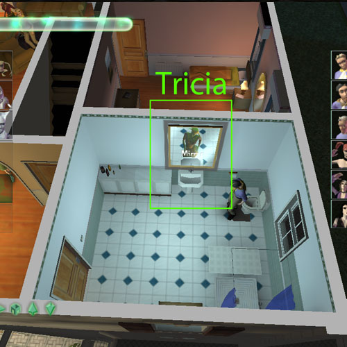 Tricia is bound inside the mirror in the bathroom upstairs.