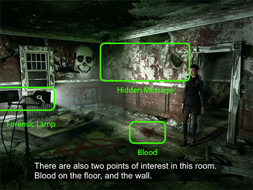 A blood stain and hidden message in the second room of the 5th Crime Scene.