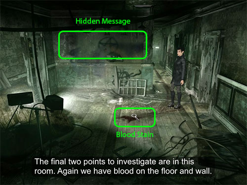 A blood stain on the floor and a hidden message on the wall are the last two pieces of evidence at the 5th Crime Scene.