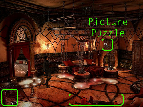 The picture puzzle is above the fireplace on the right side of the bed, toward the top right corner of the screen.