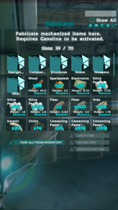 This image shows the Fabricator filled with resources in Ark.