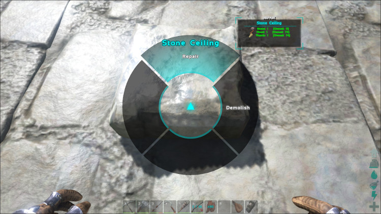 In Ark you can also hold down E to bring up the wheel while looking at a damaged structure. You can then select the repair option and the wheel will be repaired.