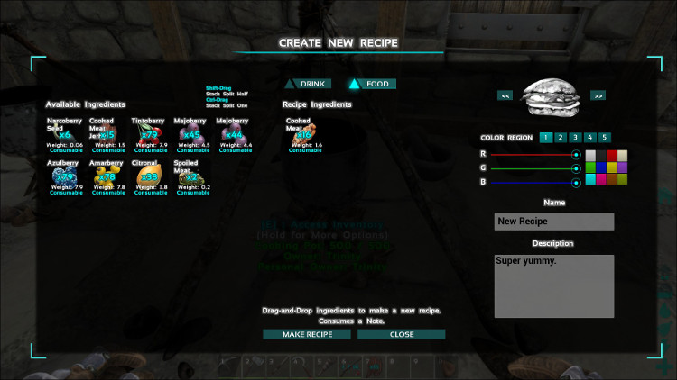 In this image I have loaded some ingredients into the Recipe Creation Screen in Ark.