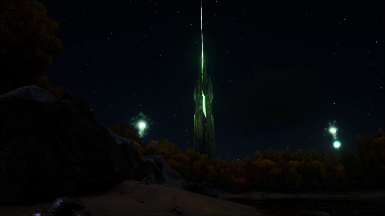 An Obelisk can be seen floating in the sky on the left, while you can see a Supply Drop Beacon and the supply crate itself on the right.