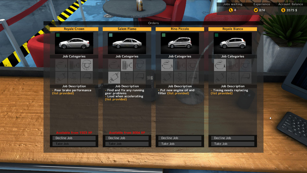 The job queue can hold up to four jobs, and there is no penalty for declining jobs in Car Mechanic Simulator 2015.